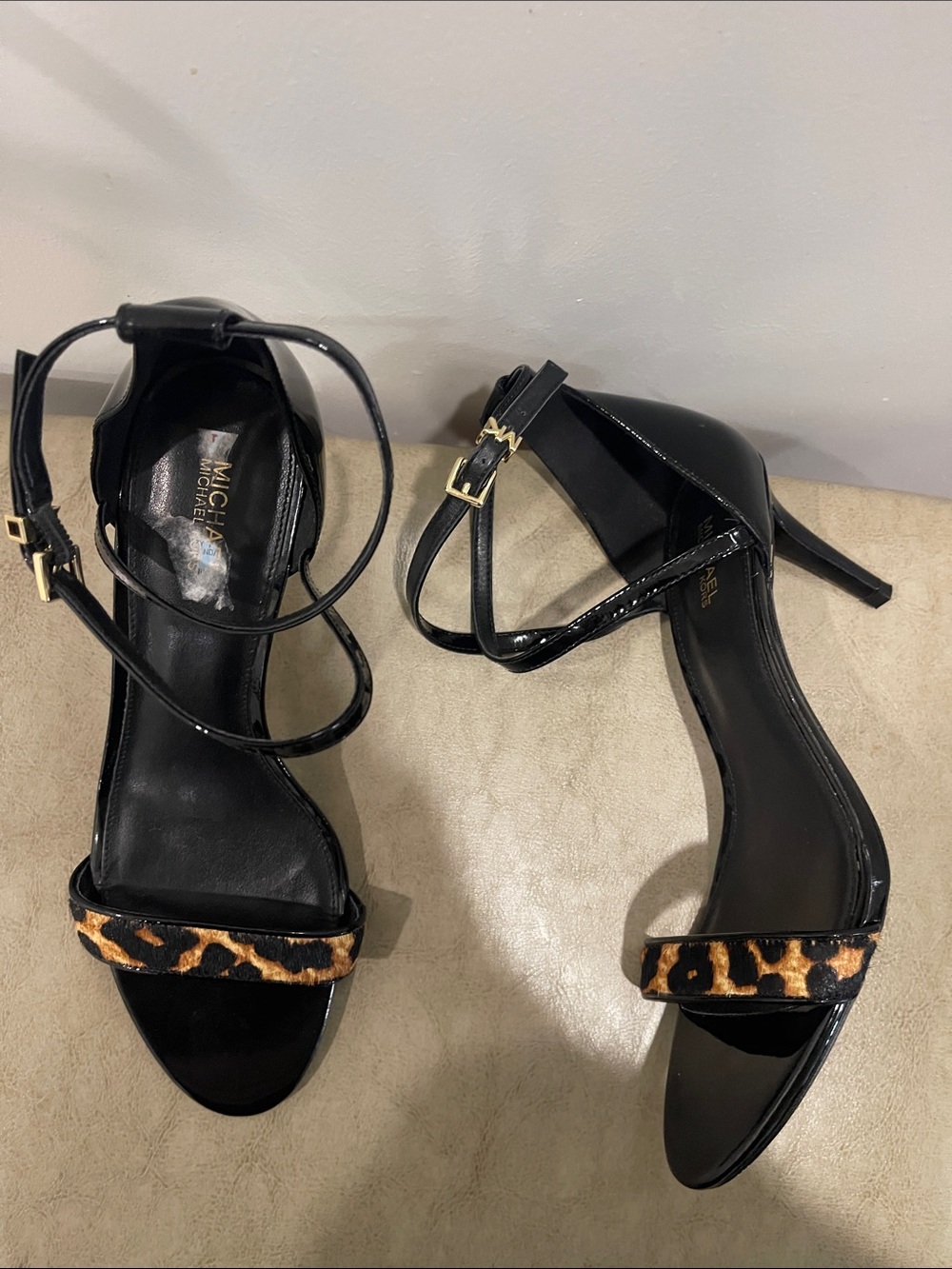 Michael Kors Black Leather Stiletto Sandals with Leopard Toe Strap
